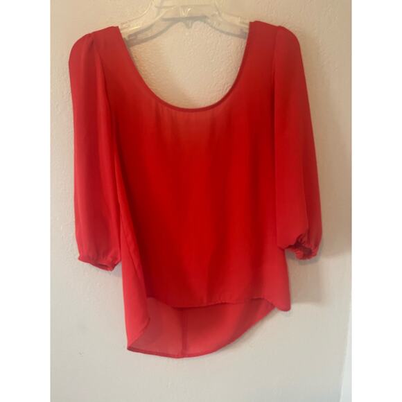 Women's Holiday Cocktail Sheer Red Top with Front Bow Size Small - Picture 2 of 5